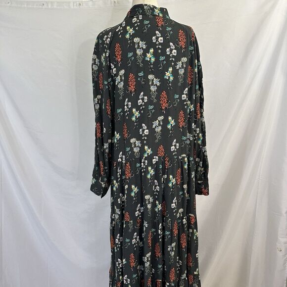 Natural Life Dark Gray Floral Maxi Peasant Dress LARGE Boho Tiered Long Sleeve - Picture 6 of 8